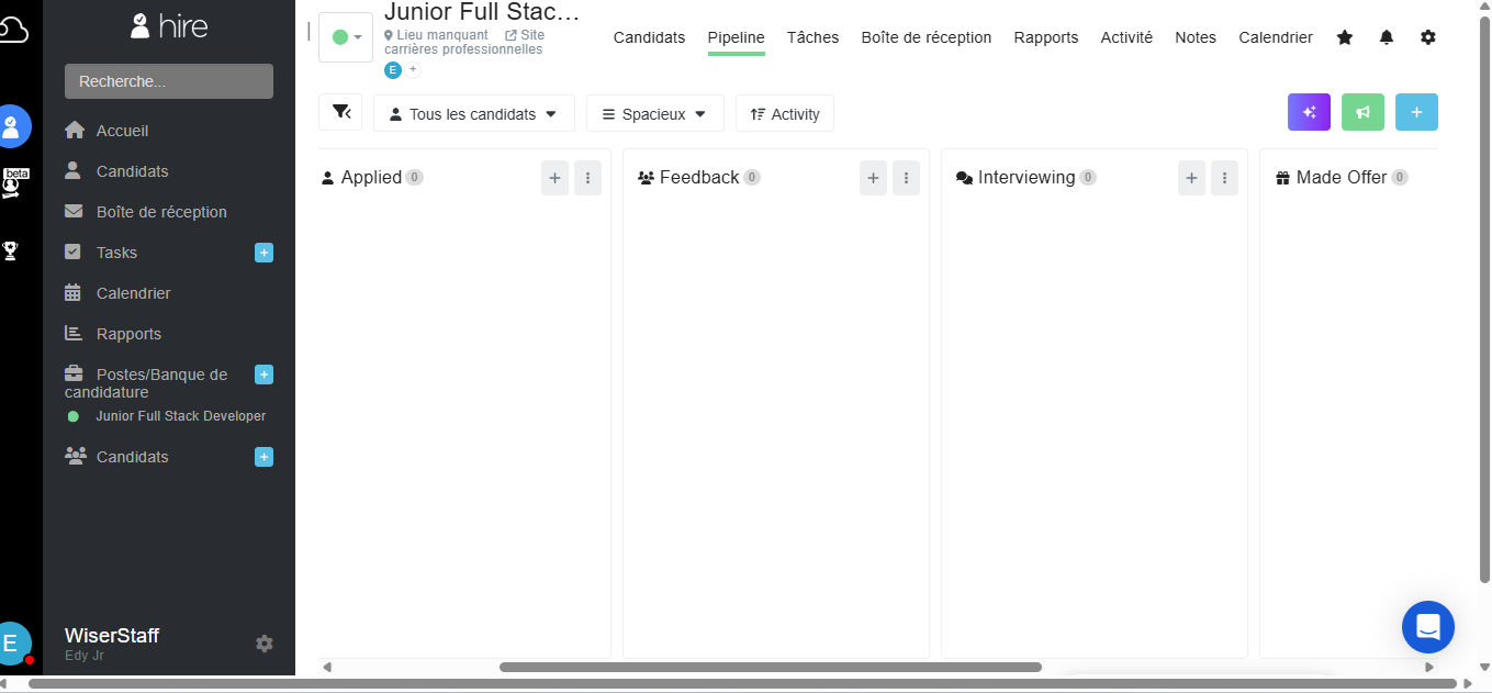 Breezy HR visual hiring pipeline board for the tested junior full-stack developer role, showing the Applied, Feedback, Interviewing and Made Offer stages ready for drag-and-drop