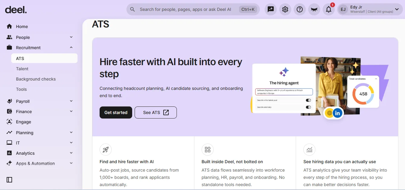 Deel's built-in ATS landing screen inside the account, headed 'Hire faster with AI built into every step', with feature cards for AI sourcing from 1,000+ boards, native workforce-planning data, and hiring analytics
