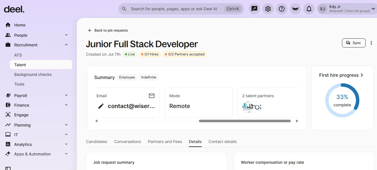 Deel job request for the tested 'Junior Full Stack Developer' role, marked Live and created on 7 July, showing 0/1 hires, 0/2 partners accepted, Remote mode, two talent partners engaged, and a 33% first-hire progress ring