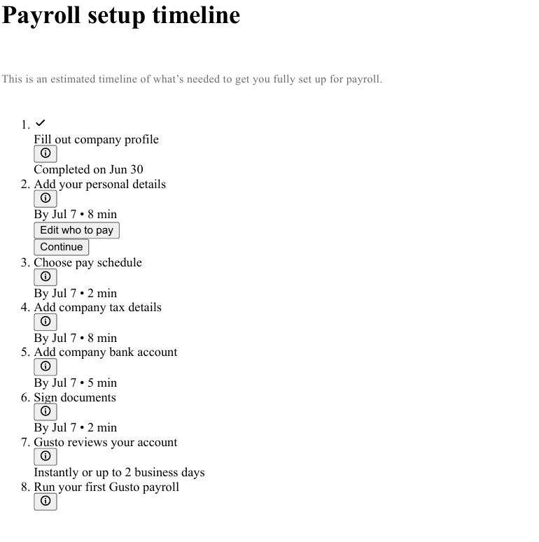 Gusto payroll setup timeline: an eight-step checklist from company profile (completed) through tax details, bank account and document signing to running your first payroll, each step showing a time estimate