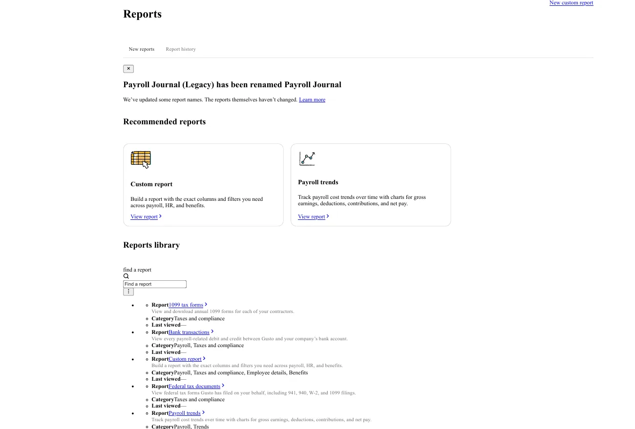 Gusto reports library showing recommended reports (custom report, payroll trends) and a list including 1099 tax forms, bank transactions, and federal tax documents covering 941, 940 and W-2 filings