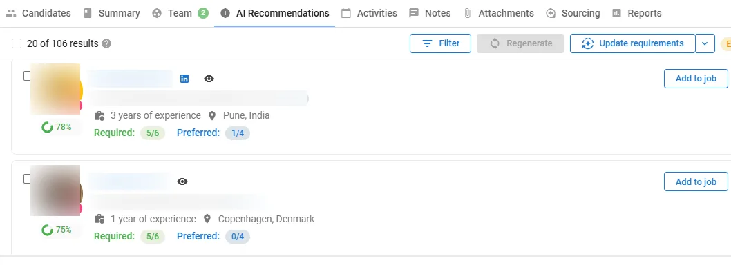 Manatal AI candidate recommendations showing 78% and 75% match scores with required and preferred skill breakdowns; candidate names and photos redacted