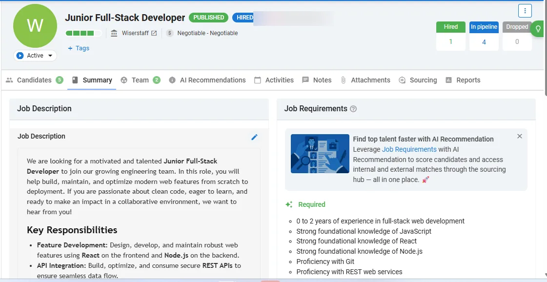 Manatal job summary for the test role showing pipeline counts of 1 hired and 4 in pipeline; recruiter and candidate details redacted