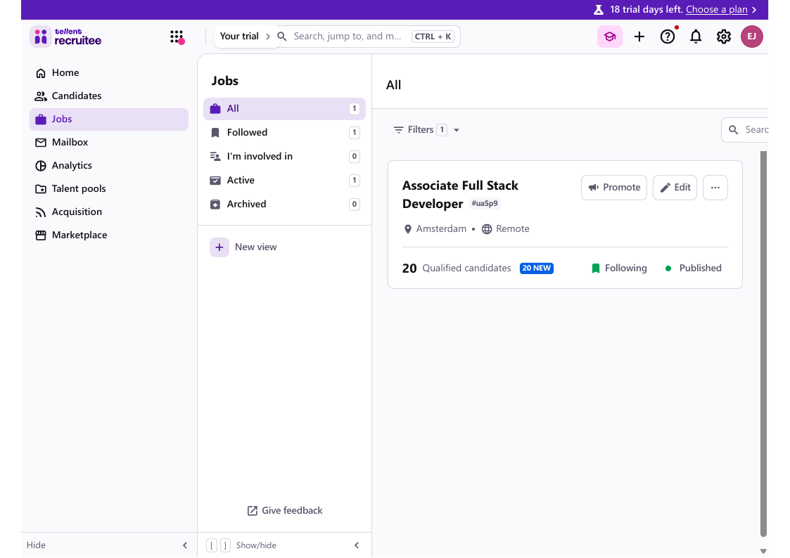 Jobs view of the tested Tellent-Recruitee trial showing the Associate Full Stack Developer role, reference ua5p9, published and marked Following, with the pipeline's 20 sample candidates displayed as qualified